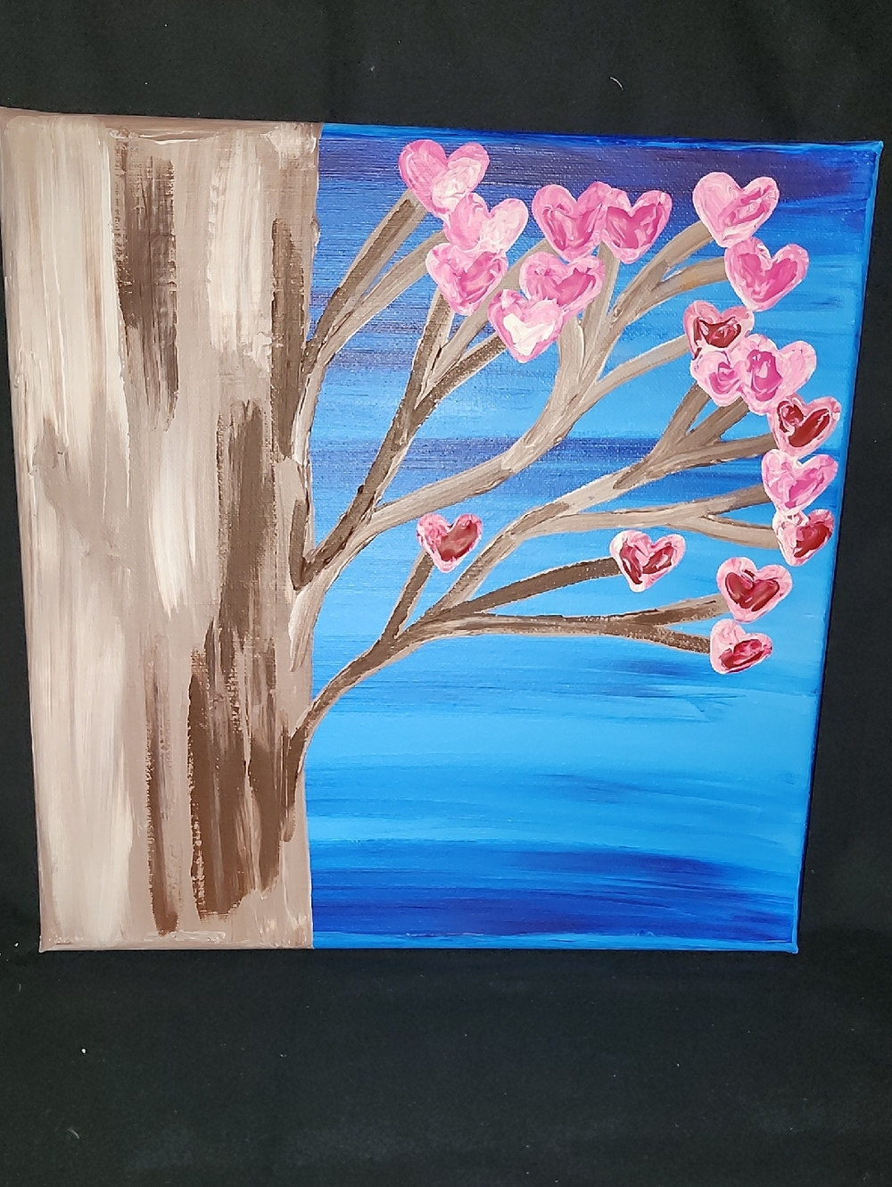 Hand-Painted Heart Blossom Tree Canvas Wall Art - Pink on Blue